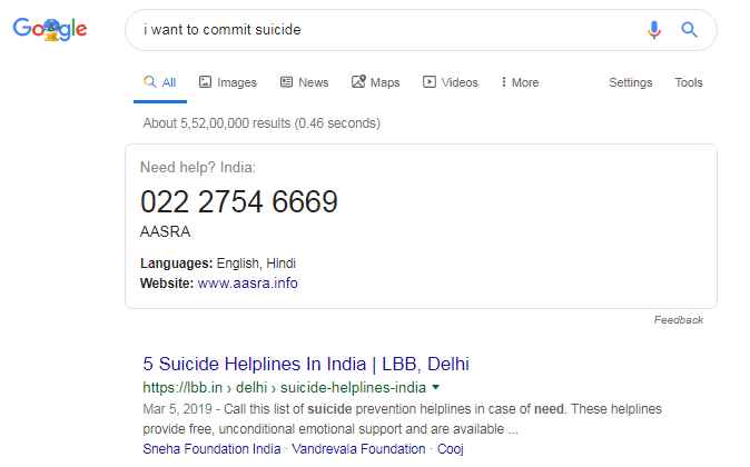 I want to commit suicide" on the search bar of google you will find something like this.
